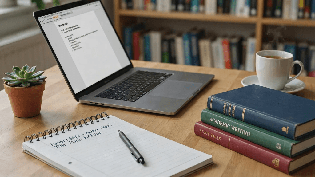 A notepad and a laptop on a study table along with a stack of books and a tea cup.