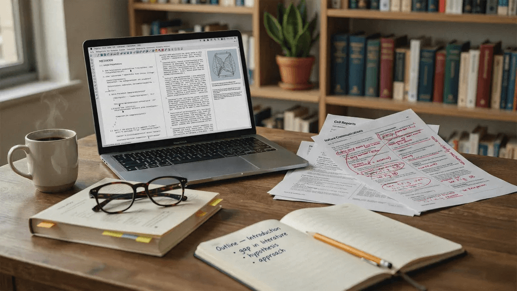 An open laptop displaying a research paper along with some notes, a pencil and cup of tea.
