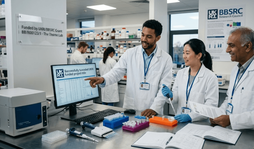 Three diverse scientists in white lab coats collaborate in a bright, modern laboratory, reviewing UKRI-funded project data on a computer screen.