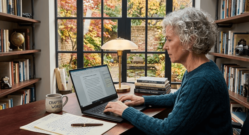 A manuscript editor working on her laptop in a library corner.