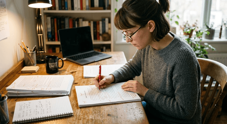 A woman proofreading a journal before publication to check for oversights and edit them out.